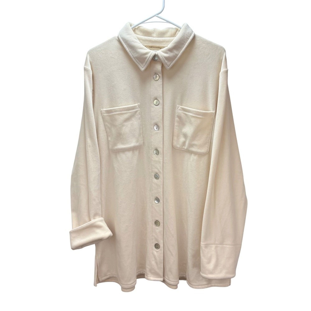 Soft Surroundings Willow Fleece Shacket 1X Cream Ivory Button Front Jacket Shirt